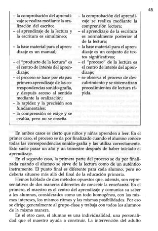 45
- la comprobacióndel aprendi-
zajesereahzamediante la ora-
lización del escrito;
- el aprendizajede la lectura y
la escritura es simultáneo;
- la basematerialparael apren-
dizaje es un manual;
- el "producto de la lectura" es
el centrode interésdel apren-
dizaje;
- el procesosehacepor etapas:
primero aprendizajedelasco-
rrespondenciassonido-grafía,
y después accesoal sentido
mediante la oralización;
- la rapidez y la precisión son
fundamentales;
- la comprensión se exige y se
evalúa, pero no se enseña.
- la comprobacióndel aprendi-
zaje se realiza mediante la
comprensión lectora;
- el aprendizajede la escritura
es normalmente posterior al
de la lectura;
- la basematerialparael apren-
dizaje es un conjunto de tex-
tos significativos;
- el "proceso" de la lechira es
el centrode interésdel apren-
dizaje;
- seobservael procesode des-
cubrimiento y sesistematizan
procedimientosde lecturará-
pida.
En amboscasosescierto que niños y niñas aprendena leer. En el
primer caso,el procesoseda por finalizado cuando el alumno conoce
todas las correspondenciassonido-grafiay las utiliza correctamente.
Esto suelepasar un año y un trimestre despuésde haber iniciado el
aprendizaje.
En el segundocaso,la primera parte del procesoseda por finali-
zada cuando el alumno se sirve de la lectura como de un auténtico
instrumento. El punto final es diferente para cada alumno, pero no
deberíasituarsemás allá del final de la educaciónprimaria.
Hemos habladode dos métodosopuestosque,además,son repre-
sentativosde dos manerasdiferentesde concebirla enseñanza.En el
primero, el maestroesel centro del aprendizajey comunica su saber
a los alumnos, consideradoscomo un todo homogéneo,con los mis-
mos intereses,los mismos ritmos y las mismasposibilidades.Por eso
sedirige generalmenteal grupo-clasey trabajacon todos los alumnos
de la misma manera.
En el otro caso,el alumno es una individualidad, una personali-
dad que el maestro ayuda a construir. La intervención del adulto
 