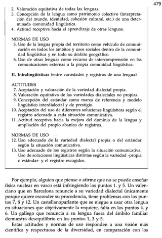 Valoración equitativa de todas las lenguas.
Concepción de la lengua como patrimonio colectivo (interpreta-
ción del mundo, identidad, cohesión cultural, etc.) de una deter-
minada comunidad lingiiística.
4. Actitud receptiva hacia el aprendizaje de otras lenguas.
NORMAS DE USO
5. Uso de la lengua propia del territorio como vehículo de comuni-
cación en todos los ámbitos y usos socialesdentro de la comuni-
dad lingüística y en todo su ámbito geográfico.
6. Uso de otras lenguas como recurso de intercomprensión en las
comunicacionesexternasa la propia comunidad lingüística.
II. Inhalingüísticas (entre variedades y registros de una lengua)
ACTITUDES
7. Aceptación y valoración de la variedad dialectal propia.
8. Valoración equitativa de las variedades dialectalesno propias.
9. Concepción del estándar como marco de referencia y modelo
lingüístico interdialectal y de prestigio.
10.Aceptación del uso de diferentes solucioneslingülsticas segrln el
registro adecuado a cada situación comunicativa.
11.Actitud receptiva hacia la mejora del dominio de la lengua y
ampliación del propio abanico de registros.
NORMAS DE USO
12.Uso adecuado de la variedad dialectal propia o del estándar
según la situación comunicativa.
13.Uso adecuado de los registros según la sifuación comunicativa.
Uso de soluciones lingüísticas distintas según la variedad -propia
o estándar-y el registro escogidos.
Por ejemplo, alguien que piense o afirme que no sepuede enseñar
ffsicanuclear en vascoestáinfringiendo los puntos 1.y 5. Un valen-
ciano que en Barcelona renuncie a su variedad dialectal únicamente
porque quiere escondersu procedencia, tiene problemas con los pun-
tos 7, 8 y 12.Un castellanoparlante que se niegue a usar otra lengua
en sifuaciones que objetivamente la requiere, falta en los puntos 4. y
6. Un gallego que renuncia a su lengua fuera del ámbito familiar
demuestradesequilibrio en los puntos 1,3 y 5.
Estas actitudes y normas de uso responden a una üsión más
científica y respecfuosade la diversidad, en comparación con los
2.
3.
 