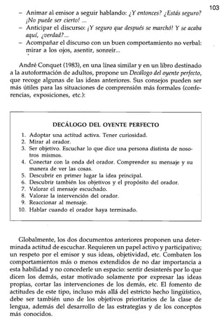 103
- Animar al emisor a seguir hablando:¿Yentonces?¿Estdsseguro?
¡Nopuedesercierto!...
- Anticipar el discurso:¡Y seguroquedespuéssemarchó!Y seacaba
aquí,¿aerdad?...
- Acompañar el discgrso con un buen comportamiento no verbal:
mirar a los ojos, asentir, sonreír...
André Conquet (1983),en una línea similar y en un libro destinado
a la autoformaciónde adultos,propone unDecdlogodeloyenteperfecto,
que recogealgunas de las ideas anteriores.Susconsejospueden ser
más útiles para las situaciones de comprensión más formales (confe-
rencias,exposiciones,etc.):
DECÁLOGO DEL OYENTE PERFECTO
1. Adoptar una actitud activa. Tener curiosidad.
2. Mirar al orador.
3. Ser objetivo. Escucharlo que dice una personadistinta de noso-
tros mismos.
4. Conectar con liaonda del orador. Comprender su mensaiey su
manera de ver las cosas.
5. Descubrir en primer lugar la idea principal.
6. Descubrir también los objetivos y el propósito del orador.
7. Valorar el mensajeescuchado.
8. Valorar la intervención del orador.
9. Reaccionaral mensaje.
10. Hablar cuando el orador haya terminado.
Globalmente, los dos documentos anteriores proponen una deter-
minada actitud de escuchar.Rgquierenun papelactivoy participativo;
un respeto por el emisor y sus ideas, objeüvidad, etc. Combaten los
comportamientos más o menos extendidos de no dar importancia a
estahabilidad y no concederleun espacio:sentir desinteréspor lo que
dicen los demás, estar motivado solamente por expresar las ideas
propias, cortar las intervenciones de los demás, etc. El fomento de
actitudes de estetipo, incluso más allá del estricto hecholingüístico,
debe ser también uno de los objetivos prioritarios de la clase de
lengua, además del desarrollo de las estrategias y de los conceptos
más conocidos.
 