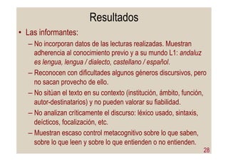 Resultados
•  Las informantes:
– No incorporan datos de las lecturas realizadas. Muestran
adherencia al conocimiento previo y a su mundo L1: andaluz
es lengua, lengua / dialecto, castellano / español.
– Reconocen con dificultades algunos géneros discursivos, pero
no sacan provecho de ello.
– No sitúan el texto en su contexto (institución, ámbito, función,
autor-destinatarios) y no pueden valorar su fiabilidad.
– No analizan críticamente el discurso: léxico usado, sintaxis,
deícticos, focalización, etc.
– Muestran escaso control metacognitivo sobre lo que saben,
sobre lo que leen y sobre lo que entienden o no entienden.
28
 
