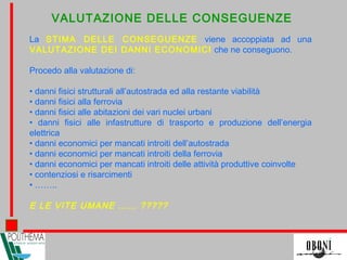 VALUTAZIONE DELLE CONSEGUENZE
La STIMA DELLE CONSEGUENZE viene accoppiata ad una
VALUTAZIONE DEI DANNI ECONOMICI che ne conseguono.
Procedo alla valutazione di:
• danni fisici strutturali all’autostrada ed alla restante viabilità
• danni fisici alla ferrovia
• danni fisici alle abitazioni dei vari nuclei urbani
• danni fisici alle infastrutture di trasporto e produzione dell’energia
elettrica
• danni economici per mancati introiti dell’autostrada
• danni economici per mancati introiti della ferrovia
• danni economici per mancati introiti delle attività produttive coinvolte
• contenziosi e risarcimenti
• ……..
E LE VITE UMANE …… ?????
 