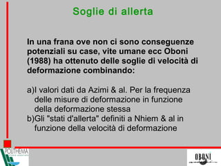 Soglie di allerta
In una frana ove non ci sono conseguenze
potenziali su case, vite umane ecc Oboni
(1988) ha ottenuto delle soglie di velocità di
deformazione combinando:
a)I valori dati da Azimi & al. Per la frequenza
delle misure di deformazione in funzione
della deformazione stessa
b)Gli "stati d'allerta" definiti a Nhiem & al in
funzione della velocità di deformazione
 