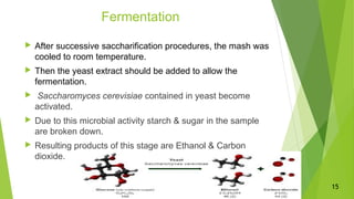 Fermentation
 After successive saccharification procedures, the mash was
cooled to room temperature.
 Then the yeast extract should be added to allow the
fermentation.
 Saccharomyces cerevisiae contained in yeast become
activated.
 Due to this microbial activity starch & sugar in the sample
are broken down.
 Resulting products of this stage are Ethanol & Carbon
dioxide.
15
 