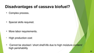 • Complex process.
• Special skills required.
• More labor requirements.
• High production cost
• Cannot be stocked / short shelf-life due to high moisture content/
high perishability
Disadvantages of cassava biofuel?
20
 