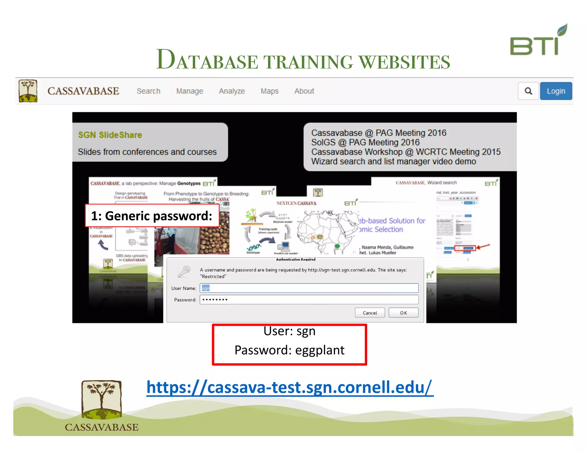 User: sgn
Password: eggplant
1: Generic password:
Database training websites
https://cassava-test.sgn.cornell.edu/
 