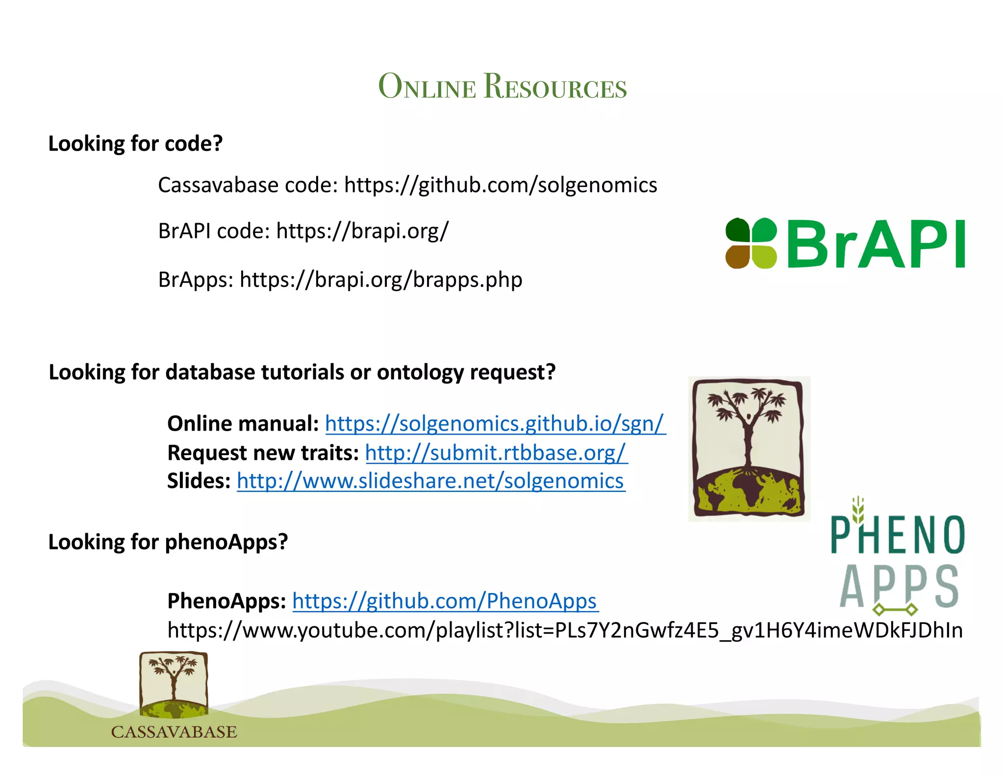 Online manual: https://solgenomics.github.io/sgn/
Request new traits: http://submit.rtbbase.org/
Slides: http://www.slideshare.net/solgenomics
Looking for code?
Online Resources
Looking for database tutorials or ontology request?
Looking for phenoApps?
PhenoApps: https://github.com/PhenoApps
https://www.youtube.com/playlist?list=PLs7Y2nGwfz4E5_gv1H6Y4imeWDkFJDhIn
Cassavabase code: https://github.com/solgenomics
BrAPI code: https://brapi.org/
BrApps: https://brapi.org/brapps.php
 