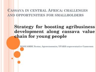 CASSAVA IN CENTRAL AFRICA: CHALLENGES
AND OPPORTUNITIES FOR SMALLHOLDERS
Strategy for boosting agribusiness
development along cassava value
chain for young people
NGOUAMBE Nestor, Agroeconomist, YPARD representative Cameroon
 