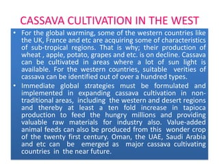 CASSAVA CULTIVATION IN THE WEST
• For the global warming, some of the western countries like
the UK, France and etc are acquiring some of characteristics
of sub-tropical regions. That is why; their production of
wheat , apple, potato, grapes and etc. is on decline. Cassava
can be cultivated in areas where a lot of sun light is
available. For the western countries, suitable verities of
cassava can be identified out of over a hundred types.
• Immediate global strategies must be formulated and
implemented in expanding cassava cultivation in nontraditional areas, including the western and desert regions
and thereby at least a ten fold increase in tapioca
production to feed the hungry millions and providing
valuable raw materials for industry also. Value-added
animal feeds can also be produced from this wonder crop
of the twenty first century. Oman, the UAE, Saudi Arabia
and etc can be emerged as major cassava cultivating
countries in the near future.

 