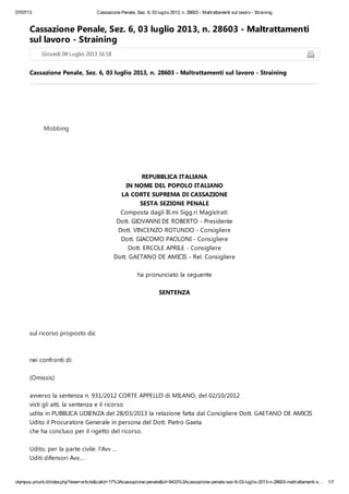 Cassazione Penale, Sez. 6, 03 luglio 2013, n. 28603 - Maltrattamenti sul lavoro - Straining