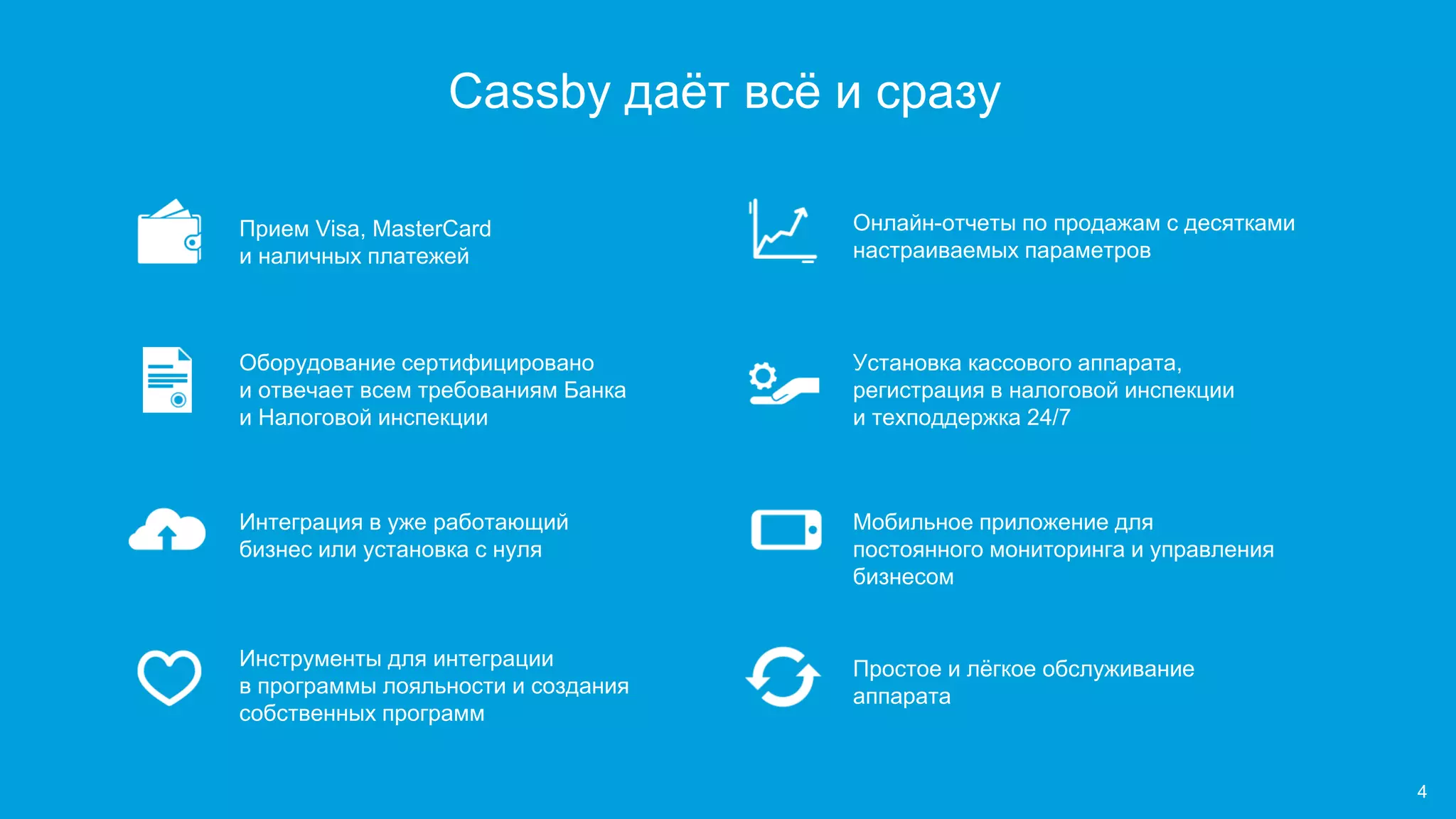 Прием Visa, MasterCard
и наличных платежей
Оборудование сертифицировано
и отвечает всем требованиям Банка
и Налоговой инспекции
Интеграция в уже работающий
бизнес или установка с нуля
Инструменты для интеграции
в программы лояльности и создания
собственных программ
Онлайн-отчеты по продажам с десятками
настраиваемых параметров
Установка кассового аппарата,
регистрация в налоговой инспекции
и техподдержка 24/7
Мобильное приложение для
постоянного мониторинга и управления
бизнесом
Простое и лёгкое обслуживание
аппарата
Cassby даёт всё и сразу
4
 