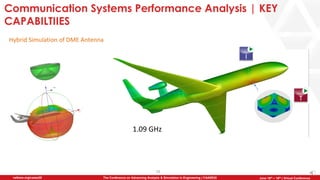 18
The Conference on Advancing Analysis & Simulation in Engineering | CAASE20nafems.org/caase20 June 16th – 18th | Virtual Conference
Communication Systems Performance Analysis | KEY
CAPABILTIIES
1.09 GHz
Hybrid Simulation of DME Antenna
 