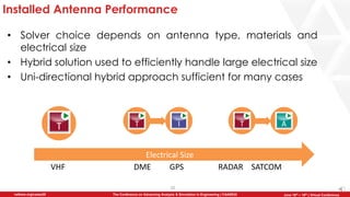 20
The Conference on Advancing Analysis & Simulation in Engineering | CAASE20nafems.org/caase20 June 16th – 18th | Virtual Conference
Installed Antenna Performance
• Solver choice depends on antenna type, materials and
electrical size
• Hybrid solution used to efficiently handle large electrical size
• Uni-directional hybrid approach sufficient for many cases
Electrical Size
DME SATCOMVHF GPS RADAR
 