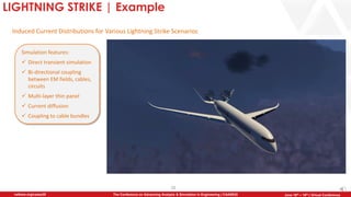 28
The Conference on Advancing Analysis & Simulation in Engineering | CAASE20nafems.org/caase20 June 16th – 18th | Virtual Conference
LIGHTNING STRIKE | Example
Induced Current Distributions for Various Lightning Strike Scenarios
Simulation features:
✓ Direct transient simulation
✓ Bi-directional coupling
between EM fields, cables,
circuits
✓ Multi-layer thin panel
✓ Current diffusion
✓ Coupling to cable bundles
 