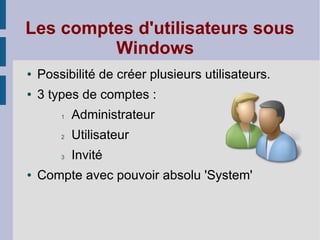 Les comptes d'utilisateurs sous
         Windows
●   Possibilité de créer plusieurs utilisateurs.
●   3 types de comptes :
        1   Administrateur
        2   Utilisateur
        3   Invité
●   Compte avec pouvoir absolu 'System'
 