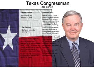 Texas Congressman Joe Barton Terms Served: Barton was first elected in 1984  Personal Info: Born in Waco, Texas, Barton grew up playing baseball. This passion soon grew to earn him a 4 year scholarship to Texas A&M University.  Later earning a Master’s of Science degree in Industrial Administration from Purdue University. Barton returned to Texas later in life to be a natural gas decontrol consultant for Atlantic Richfield Oil and Gas Company before being elected to Congress. Barton is married with two children, two stepchildren, and five grandchildren.  Previous Political Work: In 2004, Barton was selected to be the Chairman of the House Committee on Energy & Commerce making him the oldest standing legislative House committee. Barton currently serves as a Congressman over the 6 th  District of Texas.  Re-Election: Barton is currently serving his  