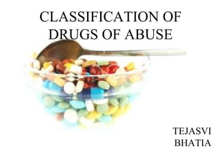 CLASSIFICATION OF
DRUGS OF ABUSE
TEJASVI
BHATIA
 