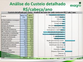 CONTA
Média Top
10%
Média
Clientes
M. Obra (salários e encargos) 56,4 68,0
Administração 17,4 21,4
Consultoria 10,9 12,6
Serviços de terceiros 3,6 5,4
Energia elétrica 1,6 3,8
Manutenção benfeitorias 7,3 15,1
Man. máquinas e veículos 18,4 20,0
Combustíveis e lubrificantes 10,8 14,1
Manutenção de pastagem 17,6 33,6
Nutrição Confinamento 16,3 32,9
Aluguel de pastos 1,6 8,6
Nutrição mineral 21,6 29,3
Rações para bovinos a pasto 18,2 11,0
Medicamentos e vacinas 10,7 12,2
Identificação de animais 0,9 1,5
Reprodução 2,7 3,0
Impostos e taxas 8,8 11,0
Despesas financeiras 9,0 3,8
Diversos 5,8 6,2
Fretes Internos 3,9 3,8
Total 243,5 317,3
-­‐R$	
  30 -­‐R$	
  20 -­‐R$	
  10 	
  R$	
  -­‐ 	
  R$	
  10 	
  R$	
  20
-­‐R$	
  20 -­‐R$	
  15 -­‐R$	
  10 -­‐R$	
  5 	
  R$	
  -­‐ 	
  R$	
  5 	
  R$	
  10
Fretes	
  Internos
Diversos
Despesas	
  financeiras
Impostos	
  e	
  taxas
Reprodução
Identificação	
  de	
  animais
Medicamentos	
  e	
  vacinas
Rações	
  para	
  bovinos	
  a	
  pasto
Nutrição	
  mineral
Aluguel	
  de	
  pastos
Nutrição	
  Confinamento
Manutenção	
  de	
  pastagem
Combustíveis	
  e	
  lubrificantes
Man.	
  máquinas	
  e	
  veículos
Manutenção	
  benfeitorias
Energia	
  elétrica
Serviços	
  de	
  terceiros
Consultoria
Administração
M.	
  Obra	
  (salários	
  e	
  encargos)
Custeio	
  detalhado	
  por	
  conta	
  -­‐ Análise	
  do	
  valor	
  de	
  cada	
  conta	
  em	
  R$	
  /	
  cab	
  /	
  ano
Estes gráficos comparativos mostram os desvios dos resultados em relação à media dos clientes da Exagro. Desta forma,
Análise	
  do	
  Custeio	
  detalhado	
  	
  
R$/cabeça/ano	
  
 