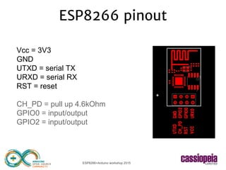 ESP8266+Arduino workshop 2015
ESP8266 pinout
Vcc = 3V3
GND
UTXD = serial TX
URXD = serial RX
RST = reset
CH_PD = pull up 4.6kOhm
GPIO0 = input/output
GPIO2 = input/output
 