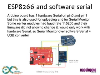 ESP8266+Arduino workshop 2015
ESP8266 and software serial
Arduino board has 1 hardware Serial on pin0 and pin1
but this is also used for uploading and for Serial Monitor
Some earlier modules had baud rate 115200 and their
firmware did not allow to change it. would only work with
hardware Serial, so Serial Monitor over software Serial +
USB converter
 