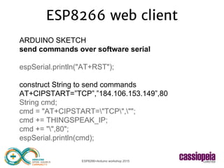 ESP8266+Arduino workshop 2015
ESP8266 web client
ARDUINO SKETCH
send commands over software serial
espSerial.println("AT+RST");
construct String to send commands
AT+CIPSTART=”TCP”,”184.106.153.149”,80
String cmd;
cmd = "AT+CIPSTART="TCP","";
cmd += THINGSPEAK_IP;
cmd += "",80";
espSerial.println(cmd);
 