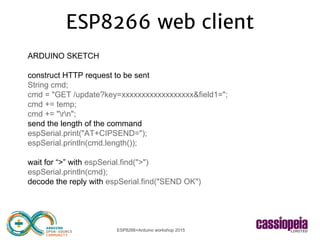 ESP8266+Arduino workshop 2015
ESP8266 web client
ARDUINO SKETCH
construct HTTP request to be sent
String cmd;
cmd = "GET /update?key=xxxxxxxxxxxxxxxxxx&field1=";
cmd += temp;
cmd += "rn";
send the length of the command
espSerial.print("AT+CIPSEND=");
espSerial.println(cmd.length());
wait for “>” with espSerial.find(">")
espSerial.println(cmd);
decode the reply with espSerial.find("SEND OK")
 