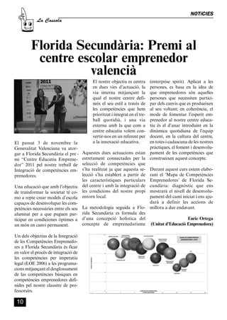 CASSOLA 27_Interior.qxp:florida 25/06/12 14:41 Página 10




                                                                                                               NOTíCIES
                       La Cassola




                    Florida Secundària: Premi al
                     centre escolar emprenedor
                              valencià
                                                           El nostre objectiu es centra (enterprise spirit). Aplicat a les
                                                           en dues vies d’actuació, la  persones, es basa en la idea de
                                                           via interna mitjançant la    que emprenedores són aquelles
                                                           qual el nostre centre defi-  persones que necessiten partici-
                                                           neix el seu estil a través depar dels canvis que es produeixen
                                                           les competències que hem     al seu voltant; en coherència, el
                                                           prioritzat i integrat en el tre-
                                                                                        mode de fomentar l’esperit em-
                                                           ball quotidià, i una via     prenedor al nostre centre educa-
                                                           externa amb la que com a     tiu és el d’anar introduint en la
                                                           centre educatiu volem con-   dinàmica quotidiana de l’equip
                                                           vertir-nos en un referent perdocent, en la cultura del centre,
        El passat 3 de novembre la                         a la innovació educativa.    en totes i cadascuna de les nostres
        Generalitat Valenciana va ator-                                                 pràctiques, el foment i desenvolu-
        gar a Florida Secundària el pre -             Aquestes dues actuacions estan pament de les competències que
        mi “Centre Educatiu Emprene-                  estretament connectades per la construeixen aquest concepte.
        dor” 2011 pel nostre treball de               selecció de competències que
        Integració de competències em-                s’ha realitzat ja que aquesta se- Durant aquest curs estem elabo-
        prenedores.                                   lecció s’ha establert a partir de rant el ‘Mapa de Competències
                                                      les característiques particulars Emprenedores’ de Florida Se-
        Una educació que amb l’objectiu               del centre i amb la integració de cundària: diagnòstic que ens
        de transformar la societat té co-             les condicions del nostre propi mostrarà el nivell de desenvolu-
        mo a repte crear models d’escola              entorn local.                     pament del camí iniciat i ens aju-
        capaços de desenvolupar les com-                                                darà a definir les accions de
        petències necessàries entre els seu           La metodologia seguida a Flo- millora a dur endavant.
        alumnat per a que puguen par-                 rida Secundària es formula des
        ticipar en condiciones òptimes a              d’una concepció holística del                          Enric Ortega
        un món en canvi permanent.                    concepte de emprenedurisme (Unitat d’Educació Emprenedora)

        Un dels objectius de la Integració
        de les Competències Emprenedo-
        res a Florida Secundària és ficar
        en valor el procés de integració de
        les competències per imperatiu
        legal (LOE 2006) a les programa-
        cions mitjançant el desglossament
        de las competències bàsiques en
        competències emprenedores defi-
        nides pel nostre claustre de pro-
        fessors/es.

          10
 