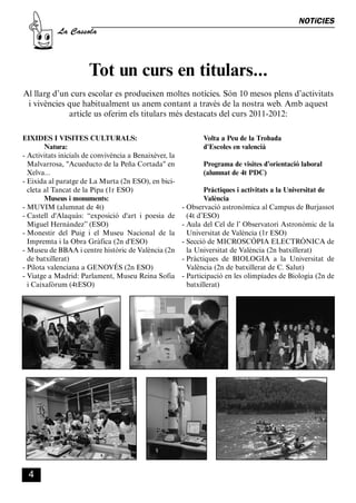 CASSOLA 27_Interior.qxp:florida 25/06/12 14:41 Página 4




                                                                                                       NOTíCIES
                       La Cassola




                                     Tot un curs en titulars...
         Al llarg d’un curs escolar es produeixen moltes notícies. Són 10 mesos plens d’activitats
          i vivències que habitualment us anem contant a través de la nostra web. Amb aquest
                      article us oferim els titulars més destacats del curs 2011-2012:

        EIXIDES I VISITES CULTURALS:                                   Volta a Peu de la Trobada
                Natura:                                                d'Escoles en valencià
        - Activitats inicials de convivència a Benaixèver, la
          Malvarrosa, "Acueducto de la Peña Cortada" en                Programa de visites d’orientació laboral
          Xelva...                                                     (alumnat de 4t PDC)
        - Eixida al paratge de La Murta (2n ESO), en bici-
          cleta al Tancat de la Pipa (1r ESO)                           Pràctiques i activitats a la Universitat de
                Museus i monuments:                                     València
        - MUVIM (alumnat de 4t)                                 - Observació astronòmica al Campus de Burjassot
        - Castell d'Alaquàs: “exposició d'art i poesia de         (4t d’ESO)
          Miguel Hernández” (ESO)                               - Aula del Cel de l’ Observatori Astronòmic de la
        - Monestir del Puig i el Museu Nacional de la             Universitat de València (1r ESO)
          Impremta i la Obra Gràfica (2n d'ESO)                 - Secció de MICROSCÒPIA ELECTRÒNICA de
        - Museu de BBAA i centre històric de València (2n         la Universitat de València (2n batxillerat)
          de batxillerat)                                       - Pràctiques de BIOLOGIA a la Universitat de
        - Pilota valenciana a GENOVÉS (2n ESO)                    València (2n de batxillerat de C. Salut)
        - Viatge a Madrid: Parlament, Museu Reina Sofia         - Participació en les olimpíades de Biologia (2n de
          i Caixafòrum (4tESO)                                    batxillerat)




           4
 