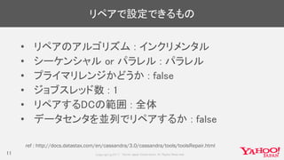 リペアで設定できるもの
• リペアのアルゴリズム : インクリメンタル
• シーケンシャル or パラレル : パラレル
• プライマリレンジかどうか : false
• ジョブスレッド数 : 1
• リペアするDCの範囲 : 全体
• データセンタを並列でリペアするか : false
11
ref : http://docs.datastax.com/en/cassandra/3.0/cassandra/tools/toolsRepair.html
 