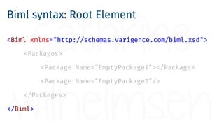 Biml syntax: Collections of Elements
<Biml xmlns="http://schemas.varigence.com/biml.xsd">
<Packages>
<Package Name="EmptyP...