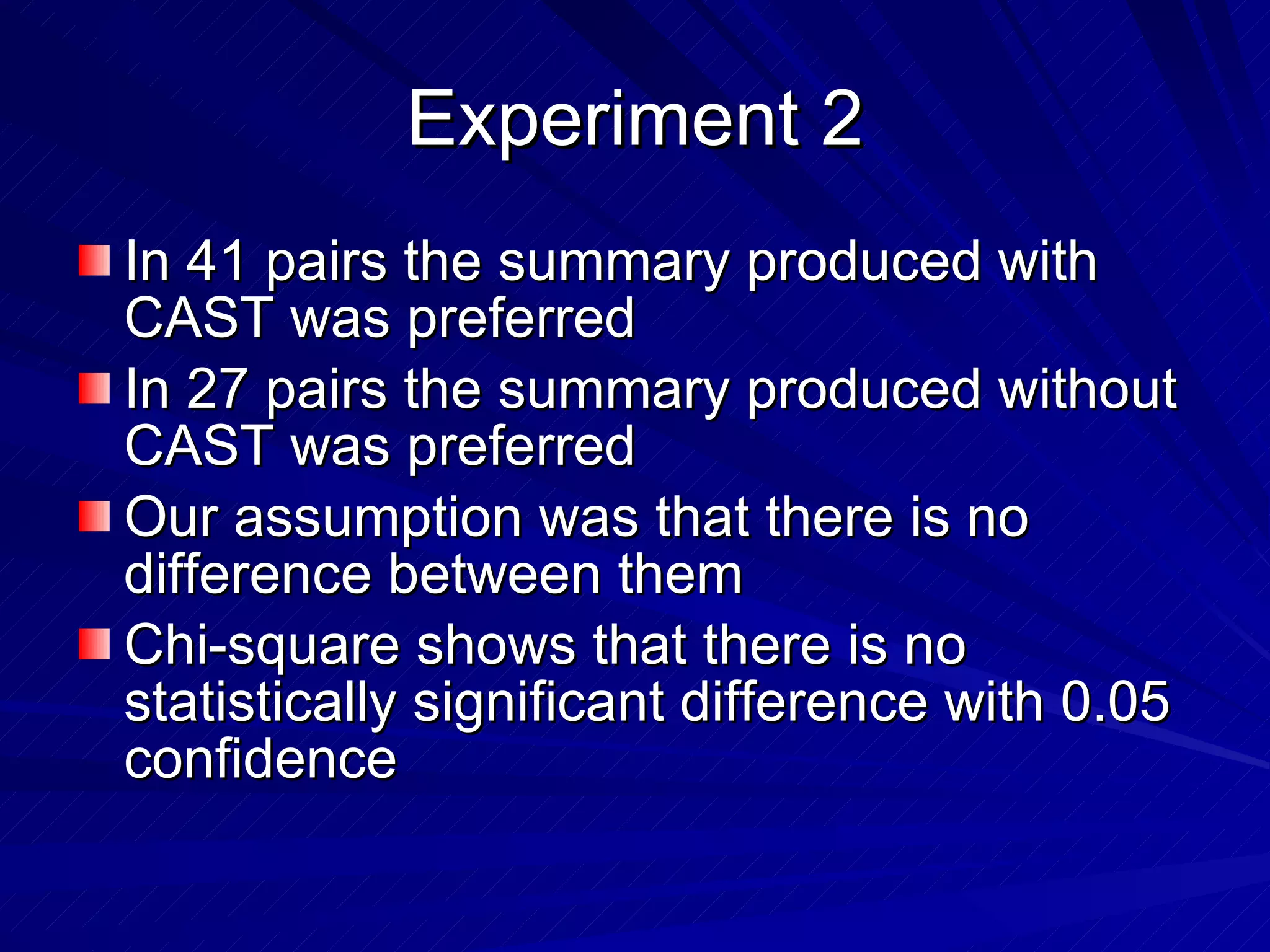 Experiment 2 In 41 pairs the summary produced with CAST was preferred In 27 pairs the summary produced without CAST was preferred Our assumption was that there is no difference between them Chi-square shows that there is no statistically significant difference with 0.05 confidence 