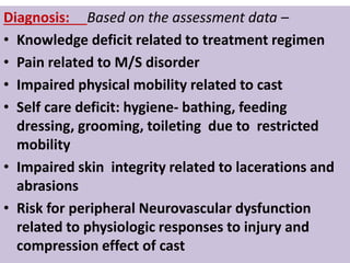 Diagnosis: Based on the assessment data –
• Knowledge deficit related to treatment regimen
• Pain related to M/S disorder
• Impaired physical mobility related to cast
• Self care deficit: hygiene- bathing, feeding
dressing, grooming, toileting due to restricted
mobility
• Impaired skin integrity related to lacerations and
abrasions
• Risk for peripheral Neurovascular dysfunction
related to physiologic responses to injury and
compression effect of cast
 