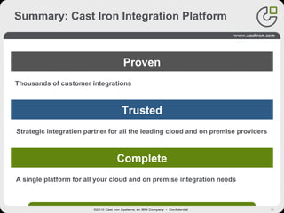 19©2010 Cast Iron Systems, an IBM Company • Confidential
Summary: Cast Iron Integration Platform
Thousands of customer integrations
Proven
Trusted
Complete
Strategic integration partner for all the leading cloud and on premise providers
A single platform for all your cloud and on premise integration needs
 