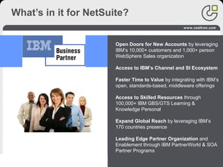 2020
Open Doors for New Accounts by leveraging
IBM’s 10,000+ customers and 1,000+ person
WebSphere Sales organization
Access to IBM’s Channel and SI Ecosystem
Faster Time to Value by integrating with IBM’s
open, standards-based, middleware offerings
Access to Skilled Resources through
100,000+ IBM GBS/GTS Learning &
Knowledge Personal
Expand Global Reach by leveraging IBM’s
170 countries presence
Leading Edge Partner Organization and
Enablement through IBM PartnerWorld & SOA
Partner Programs
What’s in it for NetSuite?
 