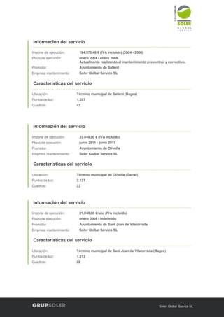 Soler Global Service SL
Información del servicio
Importe de ejecución: 184.375,48 € (IVA incluido) (2004 - 2008)
Plazo de ejecución: enero 2004 - enero 2008.
Actualmente realizando el mantenimiento preventivo y correctivo.
Promotor: Ayuntamiento de Sallent
Empresa mantenimiento: Soler Global Service SL
Características del servicio
Ubicación: Término municipal de Sallent (Bages)
Puntos de luz: 1.207
Cuadros: 42
Información del servicio
Importe de ejecución: 33.849,00 € (IVA incluido)
Plazo de ejecución: junio 2011 - junio 2015
Promotor: Ayuntamiento de Olivella
Empresa mantenimiento: Soler Global Service SL
Características del servicio
Ubicación: Término municipal de Olivella (Garraf)
Puntos de luz: 2.137
Cuadros: 23
Información del servicio
Importe de ejecución: 21.240,00 €/año (IVA incluido)
Plazo de ejecución: enero 2004 - indefinido
Promotor: Ayuntamiento de Sant Joan de Vilatorrada
Empresa mantenimiento: Soler Global Service SL
Características del servicio
Ubicación: Término municipal de Sant Joan de Vilatorrada (Bages)
Puntos de luz: 1.513
Cuadros: 22
 