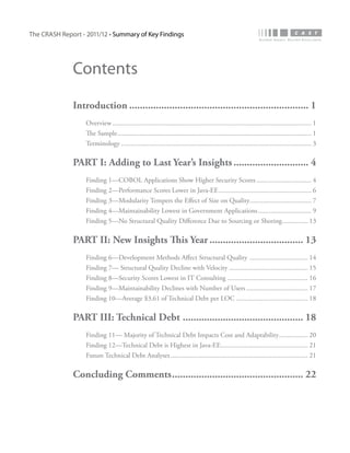 The CRASH Report - 2011/12 • Summary of Key Findings




              Contents

              Introduction.................................................................... 1
                   Overview..................................................................................................................... 1
                   The Sample.................................................................................................................. 1
                   Terminology................................................................................................................ 3

              PART I: Adding to Last Year’s Insights............................. 4
                   Finding 1—COBOL Applications Show Higher Security Scores................................. 4
                   Finding 2—Performance Scores Lower in Java-EE....................................................... 6
                   Finding 3—Modularity Tempers the Effect of Size on Quality..................................... 7
                   Finding 4—Maintainability Lowest in Government Applications................................ 9
                   Finding 5—No Structural Quality Difference Due to Sourcing or Shoring................ 13

              PART II: New Insights This Year.................................... 13
                   Finding 6—Development Methods Affect Structural Quality ................................... 14
                   Finding 7— Structural Quality Decline with Velocity............................................... 15
                   Finding 8—Security Scores Lowest in IT Consulting................................................ 16
                   Finding 9—Maintainability Declines with Number of Users..................................... 17
                   Finding 10—Average $3.61 of Technical Debt per LOC........................................... 18

              PART III: Technical Debt .............................................. 18
                   Finding 11— Majority of Technical Debt Impacts Cost and Adaptability.................. 20
                   Finding 12—Technical Debt is Highest in Java-EE................................................... 21
                   Future Technical Debt Analyses................................................................................. 21

              Concluding Comments.................................................. 22
 