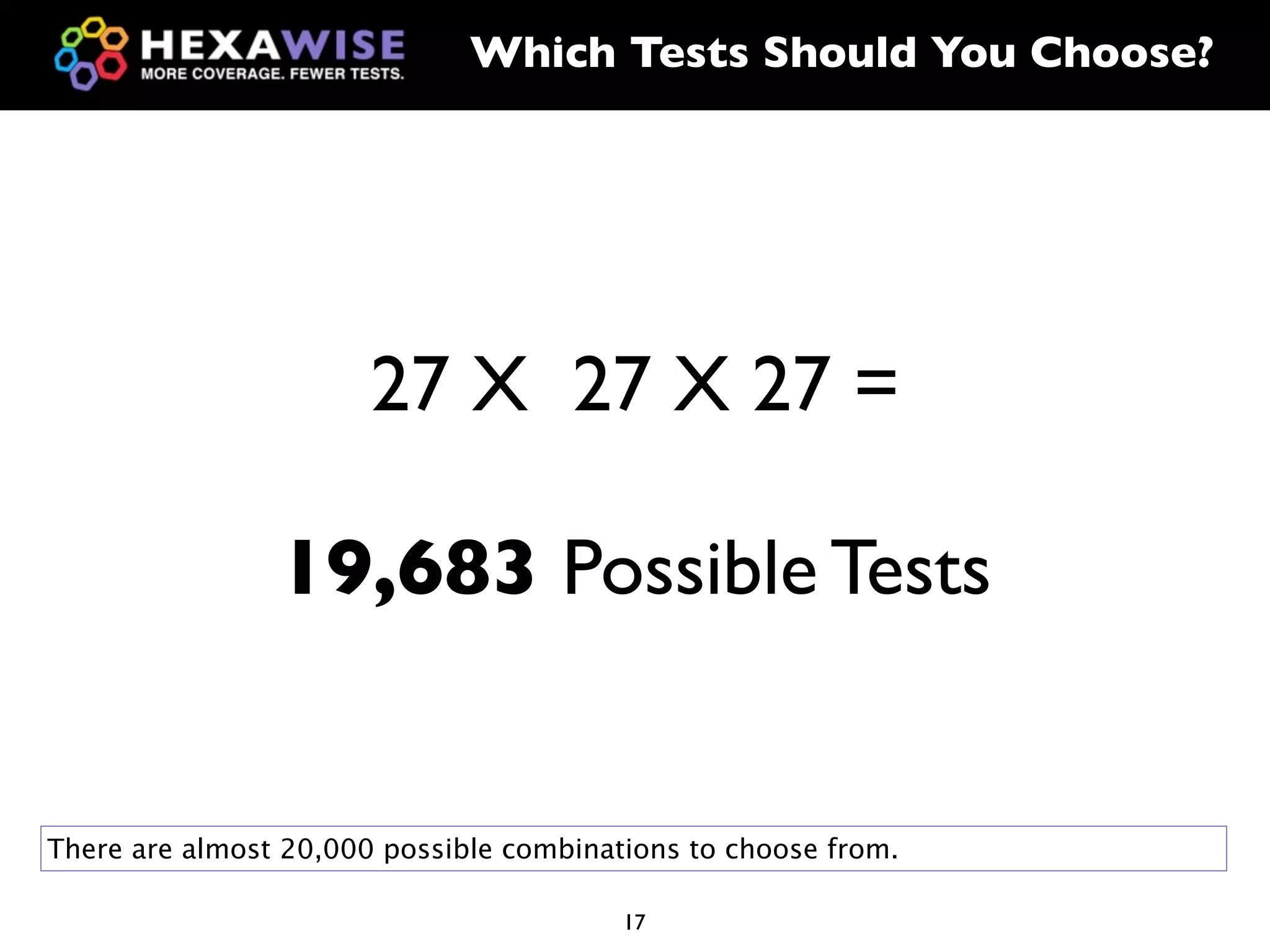 Which Tests Should You Choose?




                       27 X 27 X 27 =

                19,683 Possible Tests


There are almost 20,000 possible combinations to choose from.

                                         17
 