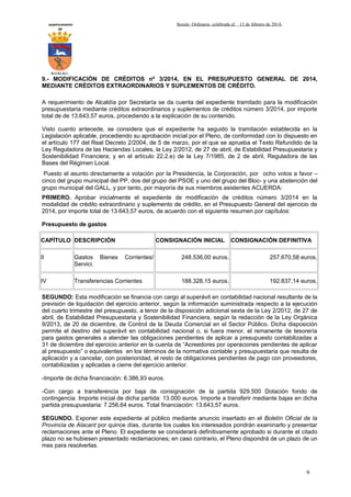 Sesión Ordinaria celebrada el

AYUNTAMIENTO
DE

13 de febrero de 2014.

ALCALALI

9.- MODIFICACIÓN DE CRÉDITOS nº 3/2014, EN EL PRESUPUESTO GENERAL DE 2014,
MEDIANTE CRÉDITOS EXTRAORDINARIOS Y SUPLEMENTOS DE CRÉDITO.
A requerimiento de Alcaldía por Secretaría se da cuenta del expediente tramitado para la modificación
presupuestaria mediante créditos extraordinarios y suplementos de créditos número 3/2014, por importe
total de de 13.643,57 euros, procediendo a la explicación de su contenido.
Visto cuanto antecede, se considera que el expediente ha seguido la tramitación establecida en la
Legislación aplicable, procediendo su aprobación inicial por el Pleno, de conformidad con lo dispuesto en
el artículo 177 del Real Decreto 2/2004, de 5 de marzo, por el que se aprueba el Texto Refundido de la
Ley Reguladora de las Haciendas Locales, la Ley 2/2012, de 27 de abril, de Estabilidad Presupuestaria y
Sostenibilidad Financiera; y en el artículo 22.2.e) de la Ley 7/1985, de 2 de abril, Reguladora de las
Bases del Régimen Local.
Puesto el asunto directamente a votación por la Presidencia, la Corporación, por ocho votos a favor –
cinco del grupo municipal del PP, dos del grupo del PSOE y uno del grupo del Bloc- y una abstención del
grupo municipal del GALL, y por tanto, por mayoría de sus miembros asistentes ACUERDA:
PRIMERO. Aprobar inicialmente el expediente de modificación de créditos número 3/2014 en la
modalidad de crédito extraordinario y suplemento de crédito, en el Presupuesto General del ejercicio de
2014, por importe total de 13.643,57 euros, de acuerdo con el siguiente resumen por capítulos:
Presupuesto de gastos
CAPÍTULO DESCRIPCIÓN
Bienes

CONSIGNACIÓN INICIAL

II

Gastos
Servici.

Corrientes/

IV

Transferencias Corrientes

CONSIGNACIÓN DEFINITIVA

248.536,00 euros.

257.670,58 euros.

188.328,15 euros.

192.837,14 euros.

SEGUNDO: Esta modificación se financia con cargo al superávit en contabilidad nacional resultante de la
previsión de liquidación del ejercicio anterior, según la información suministrada respecto a la ejecución
del cuarto trimestre del presupuesto, a tenor de la disposición adicional sexta de la Ley 2/2012, de 27 de
abril, de Estabilidad Presupuestaria y Sostenibilidad Financiera, según la redacción de la Ley Orgánica
9/2013, de 20 de diciembre, de Control de la Deuda Comercial en el Sector Público. Dicha disposición
permite el destino del superávit en contabilidad nacional o, si fuera menor, el remanente de tesorería
para gastos generales a atender las obligaciones pendientes de aplicar a presupuesto contabilizadas a
31 de diciembre del ejercicio anterior en la cuenta de “Acreedores por operaciones pendientes de aplicar
al presupuesto” o equivalentes en los términos de la normativa contable y presupuestaria que resulta de
aplicación y a cancelar, con posterioridad, el resto de obligaciones pendientes de pago con proveedores,
contabilizadas y aplicadas a cierre del ejercicio anterior.
-Importe de dicha financiación: 6.386,93 euros.
-Con cargo a transferencia por baja de consignación de la partida 929.500 Dotación fondo de
contingencia. Importe inicial de dicha partida: 13.000 euros. Importe a transferir mediante bajas en dicha
partida presupuestaria: 7.256,64 euros. Total financiación: 13.643,57 euros.
SEGUNDO. Exponer este expediente al público mediante anuncio insertado en el Boletín Oficial de la
Provincia de Alacant por quince días, durante los cuales los interesados pondrán examinarlo y presentar
reclamaciones ante el Pleno. El expediente se considerará definitivamente aprobado si durante el citado
plazo no se hubiesen presentado reclamaciones; en caso contrario, el Pleno dispondrá de un plazo de un
mes para resolverlas.

9

 
