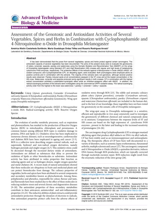 Research Article Open Access
Sortibrán et al., Adv Tech Biol Med 2015, S1
http://dx.doi.org/10.4172/2379-1764.S1-002
Research Article Open Access
Advanced Techniques in
Biology & Medicine
ISSN: 2379-1764 ATBM, an open access journalAdv Tech Biol Med Drosophila Melanogaster Genetics
Keywords: Celery (Apium graveolens); Coriander (Coriandrum
sativum); Epazote (Chenopodium ambrosioides); Parsley (Petroselinum
crispum); Watercress (Nasturtium officinale); Genotoxicity; Wing spot
assay; Drosophila melanogaster
Abbreviations: CP: Cyclophosphamide; 4NQO: 4-Nitroquinoline
n-oxide; RSA: Radical-scavenging activity; ROS: Reactive Oxygen
Species
Introduction
The evolution of aerobic metabolic processes, such as respiration
and photosynthesis, has resulted in the production of Reactive Oxygen
Species (ROS) in mitochondria, chloroplasts and peroxisomes. A
common feature among different ROS types is oxidative damage to
proteins, DNA and lipids [1]. Oxidative stress has been implicated in
numerous chronic diseases, such as neurodegenerative, cardiovascular
and diabetes ROS have been implicated in ageing and cancer [2-5].
ROS is a collective term describing oxygen-centred radicals, such as
superoxide, hydroxyl and non-radical oxygen derivatives, namely
hydrogen peroxide and singlet oxygen [6,7]. This oxidative stress could
be decreased through the increased dietary intake of antioxidants.
Antioxidants are defined as substances that delay or prevent the
oxidation of lipids or other biomolecules or substrates. Antioxidant
activity has been attributed to redox properties that function as
reducing agents and act as hydrogen donors, singlet oxygen quencher
and metal chelators [8]. A recent study of natural antioxidants showed
that these molecules are ubiquitous in fruits and medicinal plants and
can protect biomolecules from damage. The culinary properties of
vegetables, herbs and spices have been attributed to several components
and secondary metabolites known as phytochemicals. Among these,
polyphenolics and phenolics, responsible for colour, flavour and taste,
and flavonoids have been studied due to the effect of these molecules in
reducing oxidative stress and several chronic and degenerative diseases
[9–20]. The antioxidant properties of these secondary metabolites
contribute to their anticancer, antimicrobial and anti-inflammatory
properties [21,22]. The reductive abilities of plant extracts could provide
antioxidative protection through the donation of electrons to radicals,
thus antioxidant properties protect cells from the adverse effects of
oxidative stress through ROS [23]. The edible and aromatic culinary
plants celery (Apium graveolens), coriander (Coriandrum sativum),
epazote (Chenopodium ambrosioides), parsley (Petroselinum crispum)
and watercress (Nasturtium officinale) are included in the human diet,
and to the best of our knowledge, these vegetables have not been tested
for genotoxicity on the somatic cells of Drosophila melanogaster.
The wing-spot assay in Drosophila melanogaster is a sensitive,
efficient and reproducible in vivo assay extensively used to investigate
the genotoxicity of different chemical and natural compounds alone
or in mixtures. Comparisons between the response levels of ST and
HB crosses are based on the high expression of cytochrome P450
enzymes , present in the latter and leading to the increased sensitivity
of promutagens [24–26].
The carcinogenic drug Cyclophosphamide (CP) is nitrogen mustard
alkylating agent that produce alkyl adducts on DNA via alkyl radicals.
CP has been widely used as an immunosuppressor and antineoplastic
drug. The therapeutic effects of CP have been well documented in a
variety of disorders, such as systemic lupus erythematosus, rheumatoid
arthritis,multiplesclerosisandcancer[27].Thecarcinogeniccompound
and 4-Nitroquinoline n-Oxide (4NQO), a quinoline derivative, induces
DNA lesions through ROS production, which are typically corrected
through nucleotide excision repair. ROS induction might result from
the enzymatic reduction of the nitro group [28].
*Corresponding author: Rosario Rodríguez Arnaiz, Departamento de Biología
Celular, Facultad de Ciencias, Universidad Nacional Autónoma de México,
Coyoacán 04510, Mexico, Tel: 04455-54141483; Fax: 5255-56224828; E-mail:
rosario.rodriguez@ciencias.unam.mx
Received August 06, 2015; Accepted August 27, 2015; Published September
03, 2015
Citation: Sortibrán ANC, Téllez MGO, Arnaiz RR (2015) Assessment of the
Genotoxic and Antioxidant Activities of Several Vegetables, Spices and Herbs in
Combination with Cyclophosphamide and 4-Nitroquinoline n-Oxide in Drosophila
Melanogaster. Adv Tech Biol Med S1: 002. doi: 10.4172/2379-1764.S1-002
Copyright: © 2015 Sortibrán ANC, et al. This is an open-access article distributed
under the terms of the Creative Commons Attribution License, which permits
unrestricted use, distribution, and reproduction in any medium, provided the
original author and source are credited.
Abstract
It has been demonstrated that the juices from several vegetables, spices and herbs protect against certain carcinogens. The
antioxidant capacity of several vegetables has been documented. The aims of the present study were to evaluate the genotoxicity
of celery, coriander, epazote, parsley and watercress using the Somatic Mutation and Recombination Test (SMART) on the wings
of Drosophila melanogaster using Standard (ST) and High Bioactivation (HB) crosses with regular and high levels of metabolizing
cytochrome P450 enzymes, respectively. The protective effects of the extracts against 4-Nitroquinoline n-Oxide (4NQO) 4NQO, an
oxidant compound, and Cyclophosphamide (CP), an alkylating agent, were evaluated. Both promutagens were employed alone as
positive controls and in combination with the extracts. The majority of the extracts were non-genotoxic, although several positive
results were observed. Parsley induced spots at all concentrations assayed in the ST cross and at the lowest concentration in the
HB cross. Watercress, coriander and epazote produced some significant results in both crosses. CP in combination with the highest
extract concentration exhibited a potentiation-synergistic effect while an inhibition-antagonic effect with 4NQO. In addition, the
radical-scavenging activities of the extracts were investigated using the colorimetrical DPPH oxidative assay. The radical scavenging
activity order from the highest to the lower was watercress > parsley > coriander > celery > epazote.
Assessment of the Genotoxic and Antioxidant Activities of Several
Vegetables, Spices and Herbs in Combination with Cyclophosphamide and
4-Nitroquinoline n-Oxide in Drosophila Melanogaster
América Nixtin Castañeda Sortibrán, María Guadalupe Ordaz Téllez and Rosario Rodríguez Arnaiz*
Laboratorio de Genética y Evolución, Departamento de Biología Celular, Facultad de Ciencias, Universidad Nacional Autónoma de México, Mexico
 