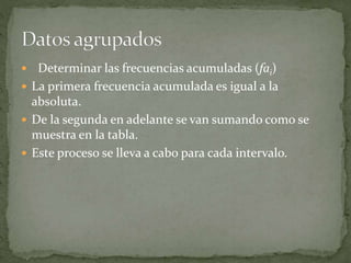  Determinar las frecuencias acumuladas (fai)
 La primera frecuencia acumulada es igual a la
absoluta.
 De la segunda en adelante se van sumando como se
muestra en la tabla.
 Este proceso se lleva a cabo para cada intervalo.
 