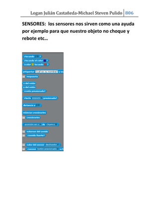 Logan Julián Castañeda-Michael Steven Pulido 806

SENSORES: los sensores nos sirven como una ayuda
por ejemplo para que nuestro objeto no choque y
rebote etc…
 