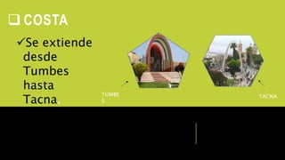  COSTA
Se extiende
desde
Tumbes
hasta
Tacna.
TUMBE
S
TACNA
 