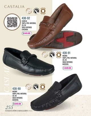 COLECCIÓN CABALLERO OI23
255
CASUAL
NEGRO
100% PIEL NATURAL
25-29
SÓLO ENTEROS
N4C9E9L
430-91
$ 649.00
CANELA
100% PIEL NATURAL
25-29
SÓLO ENTEROS
C4C9A9L
430-92
$ 649.00
NEGRO
100% PIEL NATURAL
25-29
SÓLO ENTEROS
N4C9E9L
430-90
$ 649.00
 