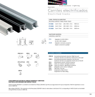 101
Carril / Track	 230 / 400 V - 16 A	 1000 mm
Carril / Track 	 230 / 400 V - 16 A	 2000 mm
Carril / Track 	 230 / 400 V - 16 A 	 3000 mm
CARRIL TRIFÁSICO DE EMPOTRAR
RECESSED SURFACE THREE-PHASE TRACK
CTE 1000
CTE 2000
CTE 3000
Adaptador 6 A 230 V/250 V
6A 230 / 250 V adapter
Adaptador conectado a proyector
Adapter connected to spotlight
ADAPTADOR UNIVERSAL
UNIVERSAL ADAPTER
CT 3
CT 3F
CARACTERÍSTICAS ELÉCTRICAS CARRILES SUPERFÍCIE Y EMPOTRAR
ELECTRICAL DATA RECESSED AND SURFACE TRACKS
Tensión principal 230/250 V. La conexión a la red eléctrica trifásica 230/400 V permite una carga total de 16 A que corresponde a 11400 VA repartida en 3 circui-
tos (3 x 3680 VA).
Main voltage 230/250 V. The connection to the three-phase 230/400 V electric mains allows a total load of 16 A, corresponding to 11400 VA which can be divided
among the three circuits (3 x 3680 VA).
37 mm
CTE 1 D / I CTE 2 CT 3
CT 4 / CT 4 S CT 5 CT 6
CTE 11
70
80
120
Sistema/System
Carriles electrificados
Electrified tracks
ACCESORIOS / ACCESSORIES
CTE 1 D	Acometida alimentación derecha / Right live-end
	Conductor de tierra a la derecha / Earth wire on the right
CTE 1 I	Acometida alimentación izquierda / Left live-end
	 Conductor de tierra a la izquierda / Earth wire on the left
CT 2	 Alimentación central / Central connector
CT 4	 Unión con contacto / Straight connector
CT 4 S	 Unión sin contacto / Mechanical connector
CT 5	 Adaptador carril a techo / Ceiling kit
CT 6	 Tapa final / End cap
CT 11	Suspensión a falso techo /
Suspension for false ceiling
 