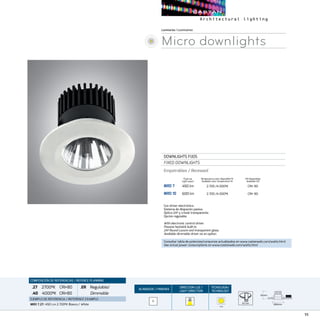 11
ACABADOS/ FINISHES
DIRECCION LUZ/
LIGHT DIRECTION
TECNOLOGÍA/
TECHNOLOGY
COMPOSICIÓN DE REFERENCIAS / REFENCE PLANNING
.27 2700ºK CRI80
.40  4000ºK CRI80
.ER Regulable/
Dimmable
EJEMPLO DE REFERENCIA/ REFERENCE EXAMPLE:
MRD 7.27: 450 Lm 2.700ºK Blanco / White
Luminarias/Luminaires
Micro downlights
DOWNLIGHTS FIJOS
FIXED DOWNLIGHTS
Empotrables / Recessed
MRD 7	 450 lm	 2.700 /4.000ºK	 CRI 80
MRD 10	 600 lm	 2.700 /4.000ºK	 CRI 80
CRI Disponibles
Available CRI
Temperatura color disponible ºK
Available color temperature ºK
Con driver electrónico.
Sistema de disipación pasiva.
Óptica 24º y cristal transparente.
Opción regulable.
With electronic control driver.
Passive heatsink built-in.
24º Round Louvre and transparent glass.
Available dimmable driver as an option.
Flujo luz
Light ouput
65 mm
B
Ø80mm
65mm
Ø80mm
65mm
COB
65mm
Consultar tabla de potencias/consumos actualizados en www.castanweb.com/watts.html
See actual power consumptions on www.castanweb.com/watts.html
 