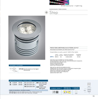 111
ACABADOS/ FINISHES
DIRECCION LUZ/
LIGHT DIRECTION
TECNOLOGÍA/
TECHNOLOGY
Luminariasdeexterior/Outdoor luminaires
Step
PROYECTORES EMPOTRABLES DE EXTERIOR LED IP 67
RECESSED OUTDOOR LED SPOTLIGHTS IP 67
Empotrables en suelo y pared / Wall  floor lights
STP 5	 430 lm	 5W	 3.000/4.000ºK	 CRI 80
CRI Disponibles
Available CRI
Temperatura color disponible ºK
Available color temperature ºK
Fabricado en acero inoxidable A4 y aluminio anodizado.
Ópticas disponibles 12º, 25º y 40º, con cristal anticondensación transparente.
Con driver electrónico 350 mA remoto.
Opción cristal mate para 180º.
Consultar configuración de driver.
Opción driver incorporado .DRV.
Made with inox steel A4 and anodized aluminium
Available optics 12º, 25º and 40º, with not condensation transparent glass.
With electronic 350 mA driver installed as remote.
Optional not condensation matt glass for 180º.
Ask for driver connection and configuration.
Optional driver built-in .DRV.
COMPOSICIÓN DE REFERENCIAS / REFENCE PLANNING
.30 3.000ºK CRI80
.40 4.000ºK CRI80
.12 óptica/lens 12º
.25óptica/lens 25º
.40óptica/lens 40º
·DRV 10W 230V IP65
driver incluido/
included
·CEM Cristal mate
Matt glass
EJEMPLO DE REFERENCIA/ REFERENCE EXAMPLE:
STP 5.30.12 AC:5W 430 LM 3.000ºK 12º Acero brillo / Polished stainless steel
STP 5.40. CEM:5W 430 LM 4.000ºK 180º Cristal mate / matt glass
Consumo
Consumption
Flujo luz
Light ouput
Ø70mm
70mm
Ø70mm
70mm
FOUR DOTS
MATRIX
AC ACM
ACCESORIOS / ACCESSORIES
STP-CEH Caja de empotrar en hormigón /
Concrete box
100mm
110mm
 