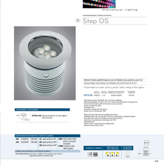 113
ACABADOS/ FINISHES
DIRECCION LUZ/
LIGHT DIRECTION
TECNOLOGÍA/
TECHNOLOGY
Luminariasdeexterior/Outdoor luminaires
Step OS
PROYECTORES EMPOTRABLES DE EXTERIOR OSCILANTES LED IP 67
ADJUSTABLE RECESSED OUTDOOR LED SPOTLIGHTS IP 67
Empotrables en suelo, techo y pared / Wall, ceiling  floor lights
STP 5 OS	 430 lm	 5 w	 3.000/4.000ºK	 CRI 80
CRI Disponibles
Available CRI
Temperatura color disponible ºK
Available color temperature ºK
Fabricado en acero inoxidable A4 y aluminio anodizado.
Ópticas disponibles 12º, 25º y 40º, con cristal anticondensación transparente.
Con driver electrónico 350 mA remoto como accesorio.
Opción cristal mate 180º.
Orientable 40º.
Consultar configuración de driver.
Opción driver incorporado .DRV.
Made with inox steel A4 and anodized aluminium.
Available optics 12º, 25º and 40º, with not condensation transparent glass.
With electronic 350 mA installed as remote (as option).
Optional not condensation matt glass for 180º.
Adjustable 40ª.
Ask for driver connection and configuration.
Optional driver built-in .DRV.
COMPOSICIÓN DE REFERENCIAS / REFENCE PLANNING
.30 3.000ºK CRI80
.40 4.000ºK CRI80
.12 óptica/lens 12º
.25óptica/lens 25º
.40óptica/lens 40º
·DRV 10W 230V IP65
driver incluido/
included
·CEM Cristal mate
Matt glass
EJEMPLO DE REFERENCIA/ REFERENCE EXAMPLE:
STP 5.30.12 OS AC:5W 430 lm 3.000º K 12º oscilante acero brillo /
adjustable polished stainless steel.
Consumo
Consumption
Flujo luz
Light ouput
40º
Ø100mm
100mm
40º
Ø100mm
100mm
FOUR DOTS
MATRIX
AC ACM
ACCESORIOS / ACCESSORIES
STPOS-CEH Caja de empotrar en hormigón /
Concrete box
120mm
145mm
 