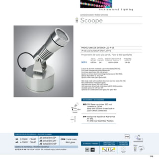 115
ACABADOS/ FINISHES
DIRECCION LUZ/
LIGHT DIRECTION
TECNOLOGÍA/
TECHNOLOGY
Luminariasdeexterior/Outdoor luminaires
Scoope
PROYECTORES DE EXTERIOR LED IP 65
IP 65 LED OUTDOOR SPOTLIGHTS
Proyectores de suelo y/o pared / Floor Wall spotlights
SCP 5	 430 lm	 5W	 3.000/4.000ºK	 CRI 80
CRI Disponibles
Available CRI
Temperatura color disponible ºK
Available color temperature ºK
Cuerpo de aluminio anodizado y acero inoxidable (A4-316).
Con cristal transparente anticondensación.
Con driver electrónico 350 mA remoto.
Opción con driver electrónico integrado (accesorio BCD-350).
Ópticas disponibles 12, 25 y 40º.
Opción cristal mate, para óptica 180º.
Main body made with anodized aluminium and inox steel (A4-316).
Not condensation transparent glass.
With electronic driver 350 mA or driver
With electronic driver built-in (accessory BCD-350) as option .
Available optics 12º, 25º and 40º.
Optional not condensation matt glass, for optic 180º.
COMPOSICIÓN DE REFERENCIAS / REFENCE PLANNING
.30 3.000ºK CRI80
.40 4.000ºK CRI80
.12 óptica/lens 12º
.25óptica/lens 25º
.40óptica/lens 40º
· CEM Cristal mate
Matt glass
EJEMPLO DE REFERENCIA/ REFERENCE EXAMPLE:
SCP 5.30.25 AN:5W 430LM 3.000ºK 25º Anodizado negro / Black anodized
Consumo
Consumption
Flujo luz
Light ouput
AP AN
ACCESORIOS / ACCESSORIES
BCD 350 Base con driver 350 mA
conexión a 230W.
Base with 350mA driver built-in
230V direct connection.
STF Estoque de fijación de Acero Inox
A4-316.
A4-316 Inox Steel floor fixation.
FOUR DOTS
MATRIX
180º
130mm
Ø60mm
155mm
Ø105mm
60mm
360º
180º
130mm
Ø60mm
155mm
Ø105mm
60mm
360º
180º
130
Ø60mm
155mm
Ø105mm
60mm
360º
180º
130mm
Ø60mm
155mm
Ø105mm
60mm
360º
180º
130mm
Ø60mm
155mm
Ø105mm
60mm
360º
180º
130mm
Ø60mm
155mm
Ø105mm
60mm
360º
 