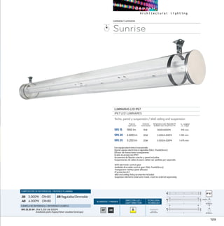 123
ACABADOS/ FINISHES
DIRECCION LUZ/
LIGHT DIRECTION
TECNOLOGÍA/
TECHNOLOGY
L - Longitud
L - Length
Luminarias/Luminaires
Sunrise
LUMINARIAS LED IP67
IP67 LED LUMINAIRES
Techo, pared y suspensión / Wall ceiling and suspension
SRS 15 	 1950 lm 	 15W 	 3000/4000ºK 	 915 mm
SRS 20	 2.600 lm	 20W	3.000/4.000ºK	1.195 mm
SRS 25	 3.250 lm	 25W	3.000/4.000ºK	1.475 mm
Con equipo electrónico incorporado.
Opción equipo electrónico regulable (DALI, PushDimm).
Difusor de metacrilato transparente.
Grado de protección IP67.
Accesorios de fijación a techo y pared incluidos.
Suspensiones de cable de acero deben ser pedidas por separado.
With electronic control gear.
Available dimmable control gear (Dali, PushDimm).
Transparent methacrylate difussor.
IP protection 67.
Wall and ceiling fixing accesories included.
Suspesion elements steel wire made, must be ordered separately.
COMPOSICIÓN DE REFERENCIAS / REFENCE PLANNING
.30 3.000ºK CRI80
.40 4.000ºK CRI80
.ER Regulable/Dimmable
EJEMPLO DE REFERENCIA/ REFERENCE EXAMPLE:
SRS 25.30 AP:25W 3.250 LM 3000ºK
Anodizado plata (tapas)/Silver anodized (endcaps)
Consumo
Consumption
Flujo luz
Light ouput
Temperatura color disponible ºK
Available color temperature ºK
Ø100mmL
135mm
L
Ø100mmL
Ø100mmL
135mm
L
Ø100mmL
Ø100mmL
135mm
L
Ø100mmL ONE ROW
LINEAR MATRIX
AP AN
 