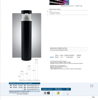 125
ACABADOS/ FINISHES
DIRECCION LUZ/
LIGHT DIRECTION
TIPO/
KIND
COMPOSICIÓN DE REFERENCIAS / REFENCE PLANNING
.30 3000ºK CRI80
.40 4000ºK CRI80
.35 altura/length 350 mm
.60 altura/length 600 mm
.90 altura/length 900 mm
EJEMPLO DE REFERENCIA/ REFERENCE EXAMPLE:
GYR 11.40.60 AN: 845lm 11w 4000ºK 600 mm
Altura negro / Length black
AP AN
Ø105mm
900mm
Ø105mm
600mm
Ø105mm
350mm
Ø105mm
900mm
Ø105mm
600mm
Ø105mm
350mm
Ø105mm
900mm
Ø105mm
600mm
Ø105mm
350mm
Balizasdeexterior/Bollards
Gyros
BALIZAS DE EXTERIOR LED IP 65
IP 65 LED OUTDOOR BOLLARDS
GYR 11	 845 lm	 11W	 3.000/4.000ºK	 CRI 80
CRI Disponibles
Available CRI
Temperatura color disponible ºK
Available color temperature ºK
Con driver electrónico 350 mA incluido.
Cuerpo de aluminio anodizado y difusor de PMMA.
Disponible en altura de 350 mm, 600 mm y 900 mm (otras alturas consultar).
With electronic control driver built in.
Main body made with anodized aluminium,
PMMA transparent diffuser.
Length available 350 mm, 600 mm and 900 mm (ask for another lengths).
Consumo
Consumption
Flujo luz
Light ouput
9 DOTS
MATRIX
 
