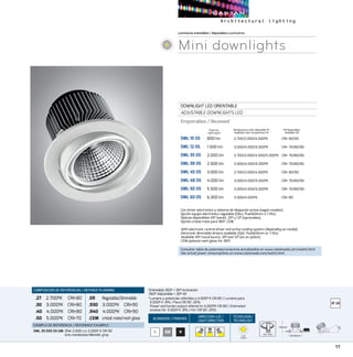 17
Luminariasorientables/AdjustablesLuminaires
Mini downlights
DOWNLIGHT LED ORIENTABLE
ADJUSTABLE DOWNLIGHTS LED
Empotrables / Recessed
DML 10 OS	 800 lm	 2.700/3.000/4.000ºK	 CRI 80/90
DML 12 OS	 1.500 lm	 3.000/4.000/5.000ºK	 CRI 70/80/90
DML 35 OS	 2.000 lm	 2.700/3.000/4.000/5.000ºK	 CRI 70/80/90
DML 38 OS	 2.500 lm	 3.000/4.000/5.000ºK	 CRI 70/80/90
DML 45 OS	 3.000 lm	 2.700/3.000/4.000ºK	 CRI 80/90
DML 48 OS	 4.000 lm	 3.000/4.000/5.000ºK	 CRI 70/80/90
DML 50 OS	 5.500 lm	 3.000/4.000/5.000ºK	 CRI 70/80/90
DML 60 OS	 6.300 lm	 3.000/4.000ºK	 CRI 80
CRI Disponibles
Available CRI
Temperatura color disponible ºK
Available color temperature ºK
Con driver electrónico y sistema de disipación activa (según modelo).
Opción equipo electrónico regulable (DALI, PushDimm o 1-10v).
Ópticas disponibles 45º (serie), 25º y 12º (opcionales).
Opción cristal mate para 180º .CEM.
With electronic control driver and active cooling system (depending on model).
Electronic dimmable drivers available (Dali, PushDimm or 1-10v).
Available 45º round louvre, 25º and 12º (as an option).
CEM optional matt glass for 180º.
Orientable 360º + 30º inclinación
360º Adjustable + 30º tilt
121 mm
Flujo luz
Light ouput
ACABADOS/ FINISHES
DIRECCION LUZ/
LIGHT DIRECTION
TECNOLOGÍA/
TECHNOLOGY
B NGM
Ø133mm
105mm
30°
Ø133mm
105mm
Ø133mm
105mm
30°
*Lumens y potencias referidos a 4.000º K CRI 80 / Lumens para
3.000º K -8% / Para CRI 90 -25%
Power and lumen output refered to 4.000ºK CRI 80 / Estimated
lumens for 3.000º K -8% / For CRI 90 -25%.
COMPOSICIÓN DE REFERENCIAS / REFENCE PLANNING
.27 2.700ºK  CRI80
.30 3.000ºK CRI80
.40 4.000ºK CRI80
.50 5.000ºK CRI70
.ER  Regulable/Dimmable
.930 3.000ºK CRI90
.940 4.000ºK CRI90
.CEM cristal mate/matt glass
EJEMPLO DE REFERENCIA/ REFERENCE EXAMPLE:
DML 35.930 OS GM:18W 2.000 Lm 3.000º K CRI 90
Gris metalizado/Metallic grey COB
ZHAGA
Consultar tabla de potencias/consumos actualizados en www.castanweb.com/watts.html
See actual power consumptions on www.castanweb.com/watts.html
 